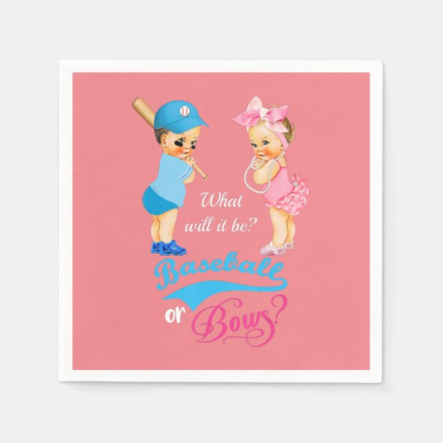 Baseball eller Bows Rosa Blue Gender Reveal Pappersservett (Framsidan)