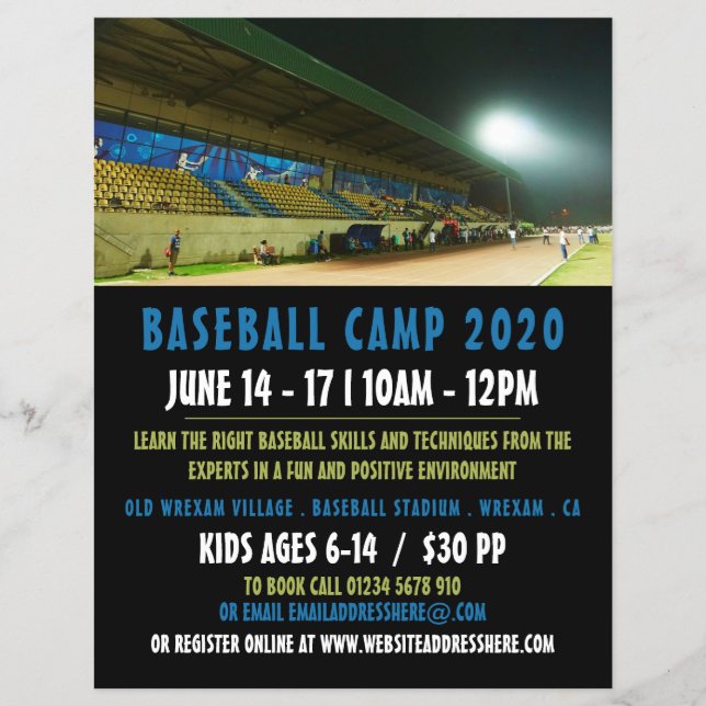 Baseball Fält landskap, Baseball Camp Advert Reklamblad (Framsidan)