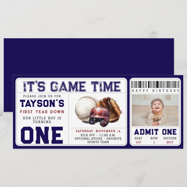 Baseball First Year Down 1st Birthday Ticket Inbjudningar (Fram/baksida)