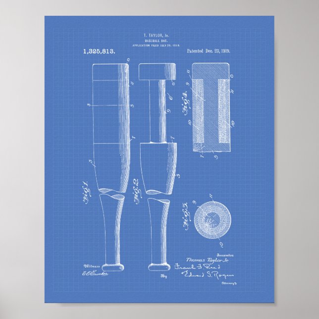 Baseball Fladdermus 1919 Patent Art - blåkopia Poster (Framsidan)