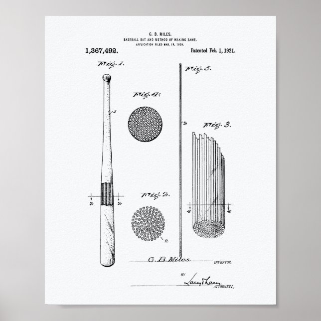 Baseball Fladdermus 1921 Patent Art - vit Papper Poster (Framsidan)