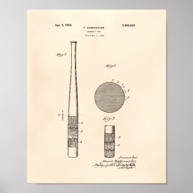 Baseball Fladdermus 1923 Patent Art - Gamla peper Poster (Framsidan)