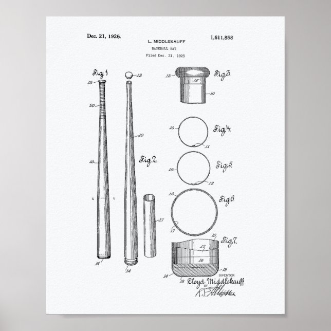 Baseball Fladdermus 1926 Patent Art - vit Papper Poster (Framsidan)