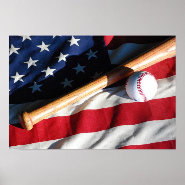 Baseball, Fladdermus och amerikansk Flagga Poster (Framsidan)