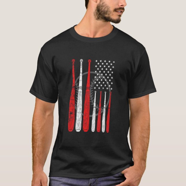 Baseball Fladdermus US Flagga Pitcher Catcher Base T Shirt (Framsida)