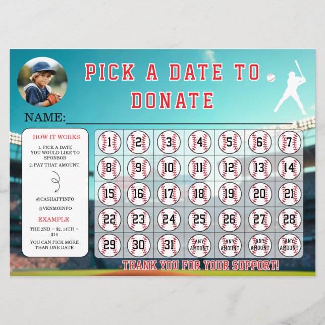 Baseball Fundraiser Calendar Template Inbjudningar (Framsida)