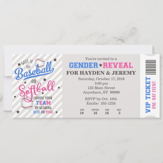 Baseball Gender Reveal Biljett Stil Inbjudningar (Framsida)