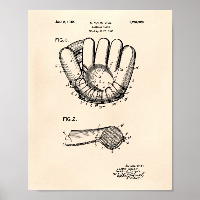 Baseball Glove 1942 Patent Art Old Peper Poster (Framsidan)