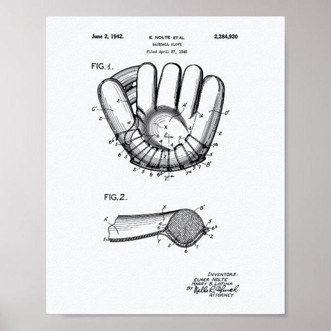 Baseball Glove 1942 Patent Art White Papper Poster (Framsidan)