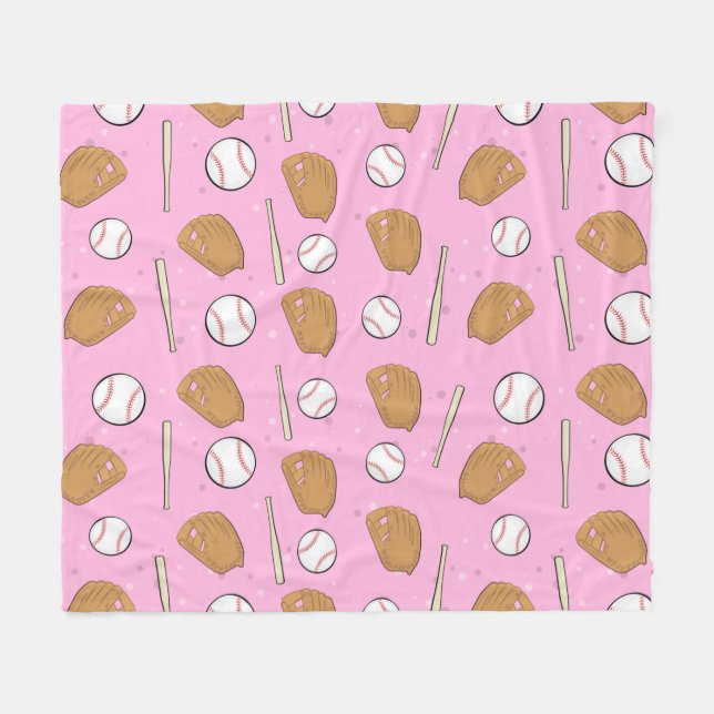 Baseball - Gloves, Balls & Bats on Pink Background Fleecefilt (Framsidan (Horisontell))