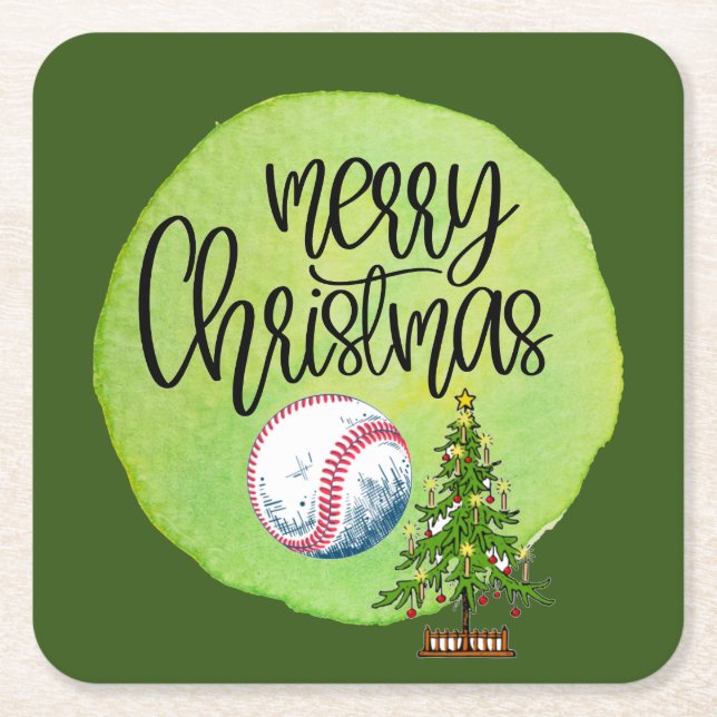 Baseball God jul med boll och träd  Underlägg Papper Kvadrat (Framsidan)