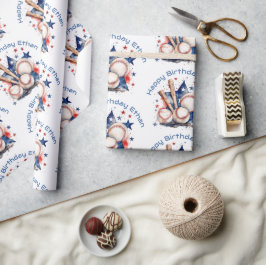 Baseball Grattis på födelsedagen Namn Blue Fladder Presentpapper