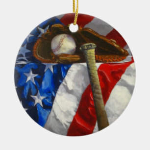 Baseball, handske, fladdermus och amerikansk flagg julgransprydnad keramik