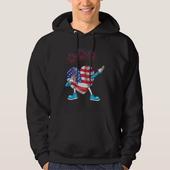 Baseball Heart American Flag Heart 4th of July Sof Hoodie (Framsida)