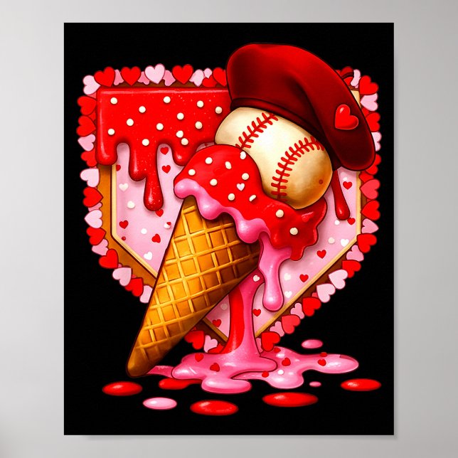 Baseball Heart Valentine Baseball Ice Cream Drip B Poster (Framsidan)