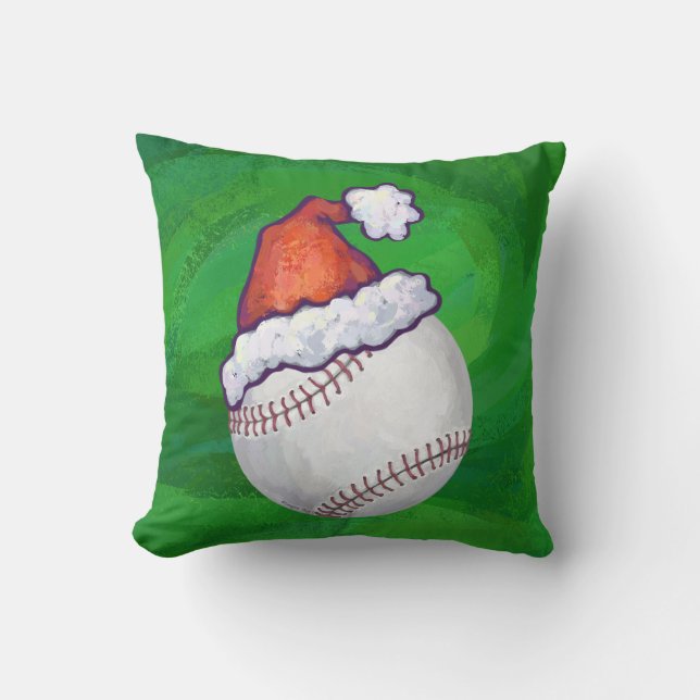 Baseball i Santa Hat på Grönt Kudde (Framsida)