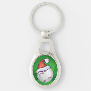 Baseball i Santa Hat på Grönt Ovalt Silverfärgad Nyckelring