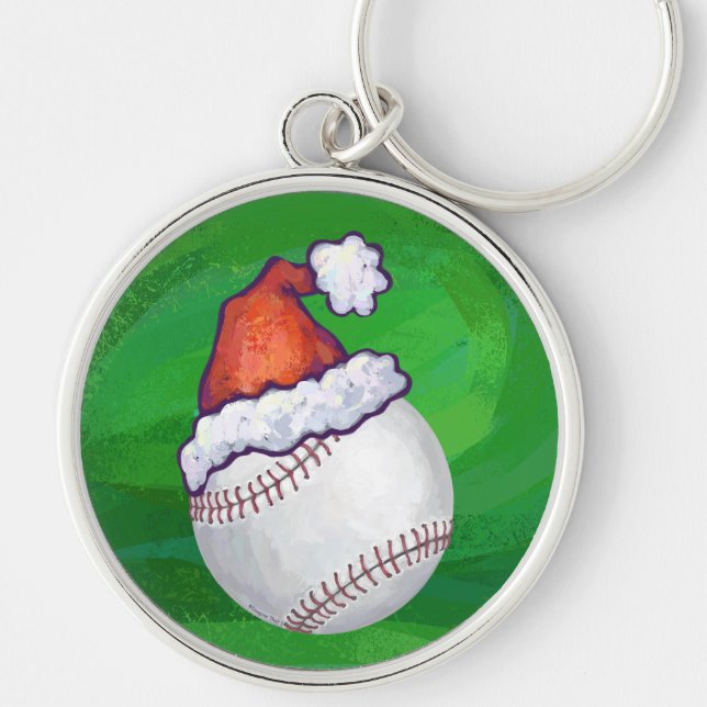 Baseball i Santa Hat på Grönt Rund Silverfärgad Nyckelring (Framsidan)
