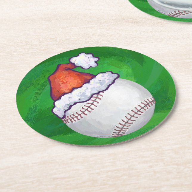 Baseball i Santa Hat på Grönt Underlägg Papper Rund (Vinklad)