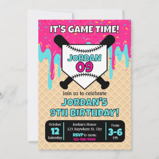 Baseball Ice Cream Drip Birthday Invitation Kort