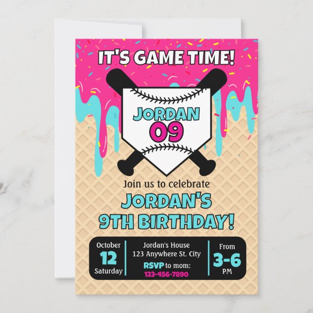 Baseball Ice Cream Drip Birthday Invitation Kort (Framsida)