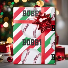Baseball jul, lägg till Namn Rand Red i Grönt Presentpapper