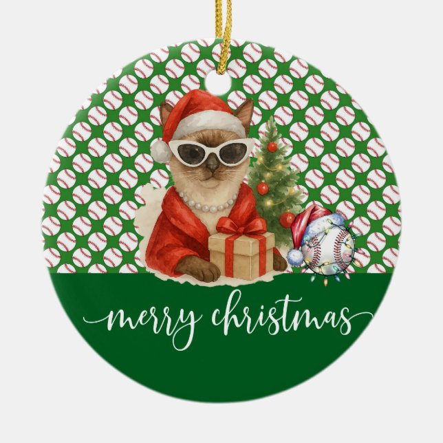 Baseball-jultema för Cat Lovers Julgransprydnad Keramik (Framsidan)