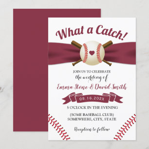 Baseball Kärlek Burgundy Red Ribbon Sports Bröllop Inbjudningar
