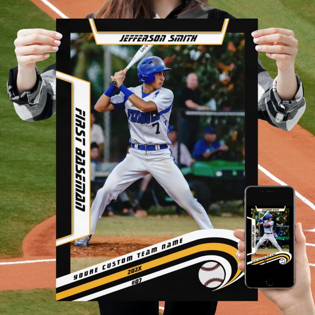 Baseball Keepsakes i Liely Gult Black Anpassningsb Poster (Baseball Player Poster in Black and Yellow with Custom Team Name and dynamic White Elements)