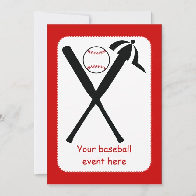 Baseball korsade fladdermöss och lock, svart, röd  inbjudningar (Framsida)