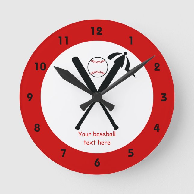 Baseball korsade fladdermöss och lock, svart, röd  rund klocka (Framsida)