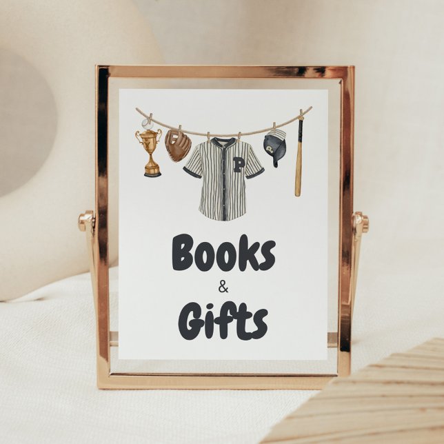 Baseball Little Slugger Baby Shower Bokar och pres Poster (Baseball Little Slugger Clothesline Baby Shower Books and Gifts Sign)
