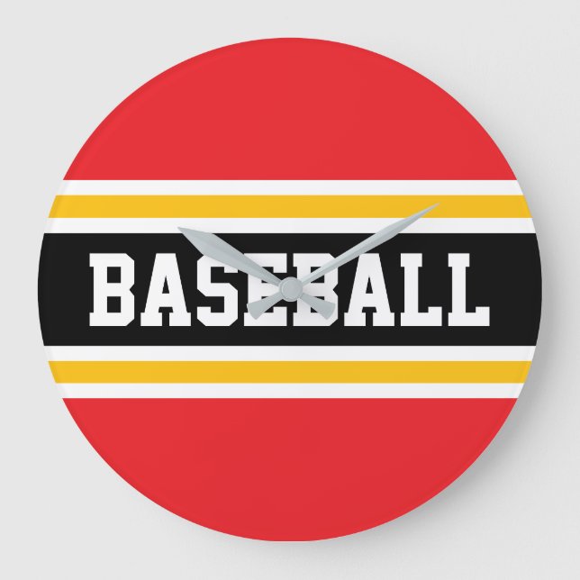BASEBALL Ljus Röd Vit Svart Orange Ränder Stor Klocka (Framsida)