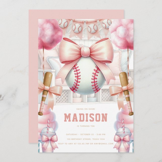 Baseball Luxury Birthday Girly Sports Theme Inbjudningar (Fram/baksida)