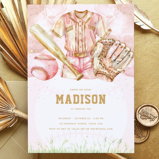 Baseball Luxury Girl Birthday Rosa Guld Inbjudningar (Skapare uppladdad)