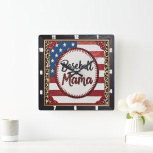 Baseball Mamma Patriotic Sports Fyrkantig Klocka