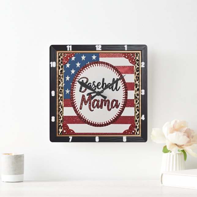 Baseball Mamma Patriotic Sports Fyrkantig Klocka (Hem)