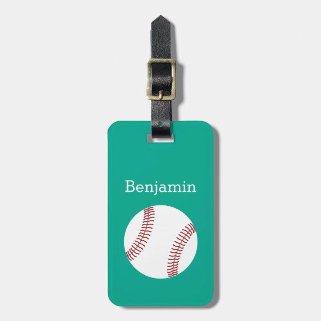 Baseball med anpassningsbarnamn - smaragd bagagebricka (Vertikal Framsida)