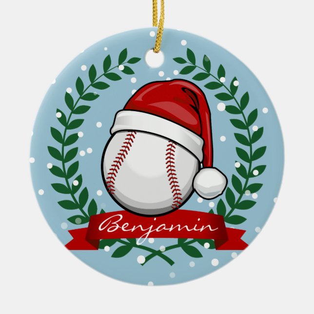 Baseball med en julstilSanta hatt Julgransprydnad Keramik (Framsidan)