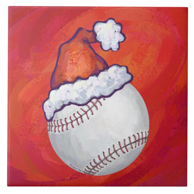 Baseball med Santa Hat på Red Kakelplatta (Framsidan)