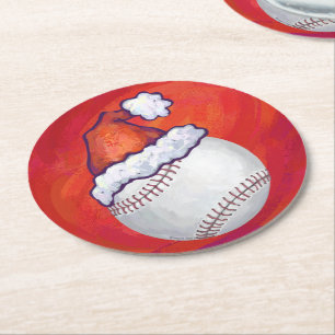 Baseball med Santa Hat på Red Underlägg Papper Rund