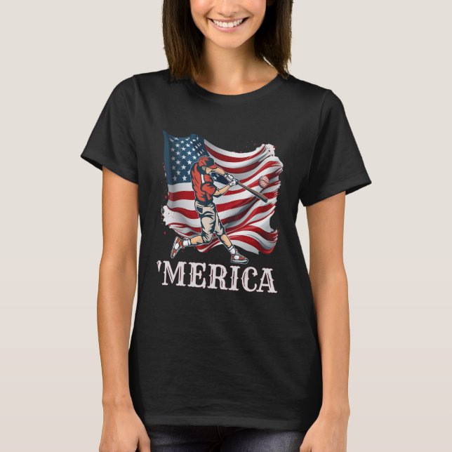 Baseball Merica Patriotic 4 juli Amerikanska Flagg T Shirt (Framsida)