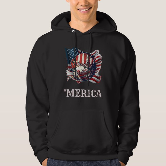 Baseball Merica Patriotic 4th July American Flag Hoodie (Framsida)