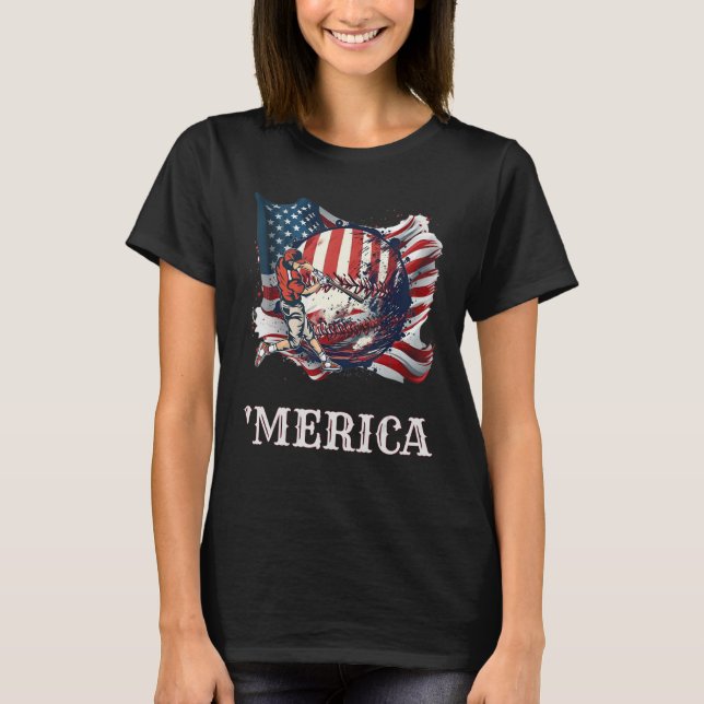 Baseball Merica Patriotic 4th July American Flag T Shirt (Framsida)