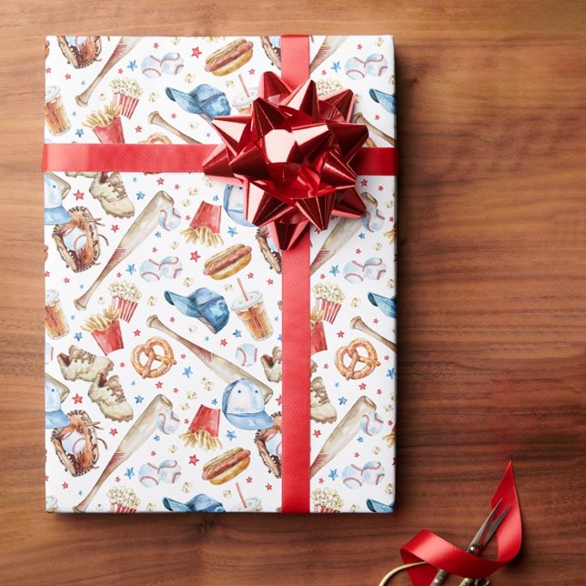 Baseball Mönster födelsedag Papper Presentpapper (Red White & Blue Baseball Themed Birthday Party Wrapping Paper)