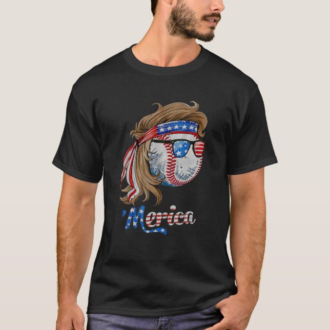 Baseball Mullet 4:e juli Amerikanska Flagga Merica T Shirt (Framsida)