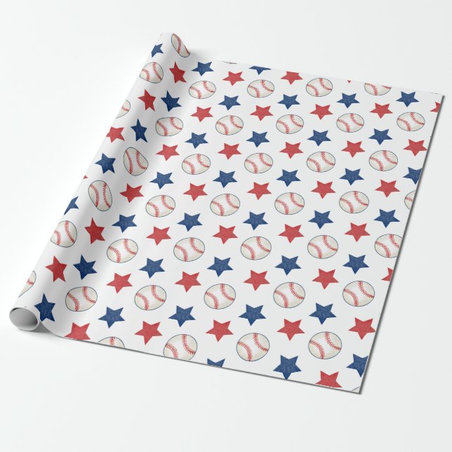 Baseball och Stars Red White och Blue Mönster Presentpapper (Utrullad)