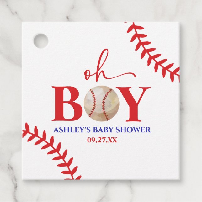 Baseball Oh Boy Red White Baby Shower Gåvor Etiketter (Framsida)