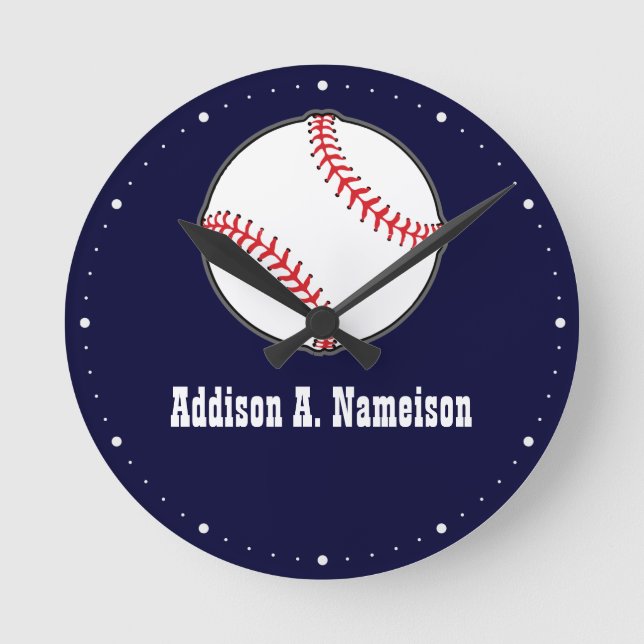Baseball on Navy Blue Namn Sports Room Boys Rund Klocka (Framsida)