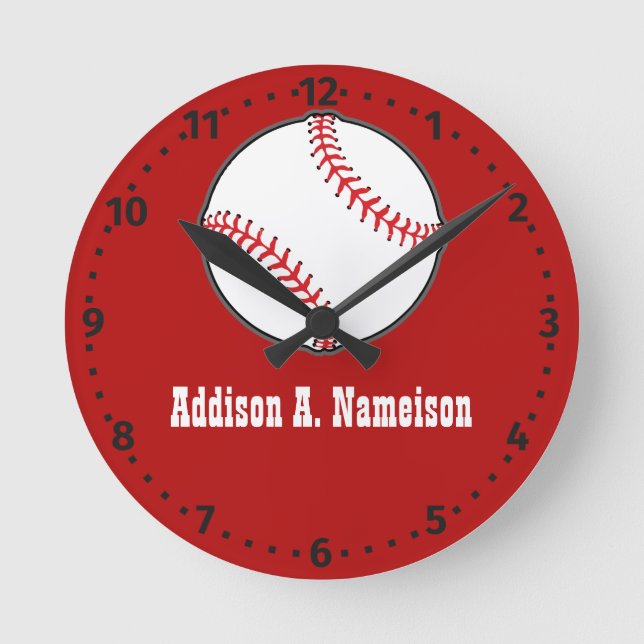 Baseball on Red Namn Sports Room Boys Round Clock Rund Klocka (Framsida)